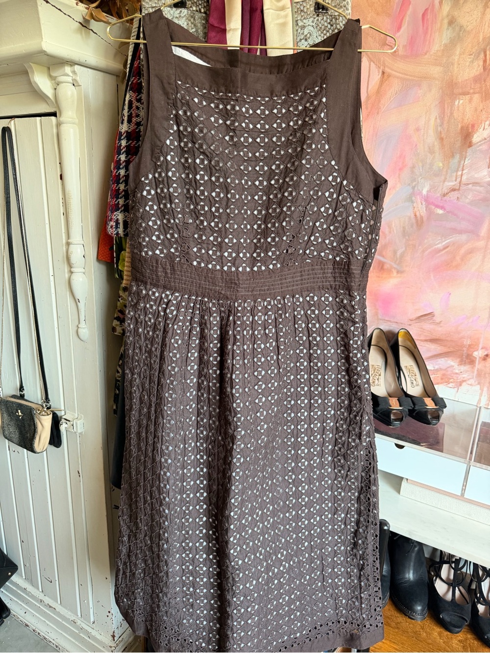 MaxMara Brown Sleeveless Eyelet Midi Dress